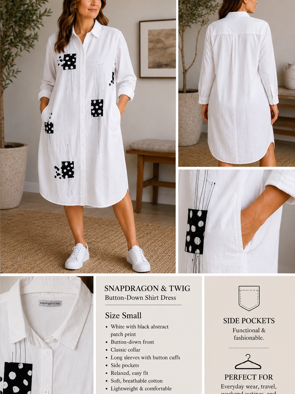 White Button-Down Midi Shirt Dress with Black Abstract Patch Accents